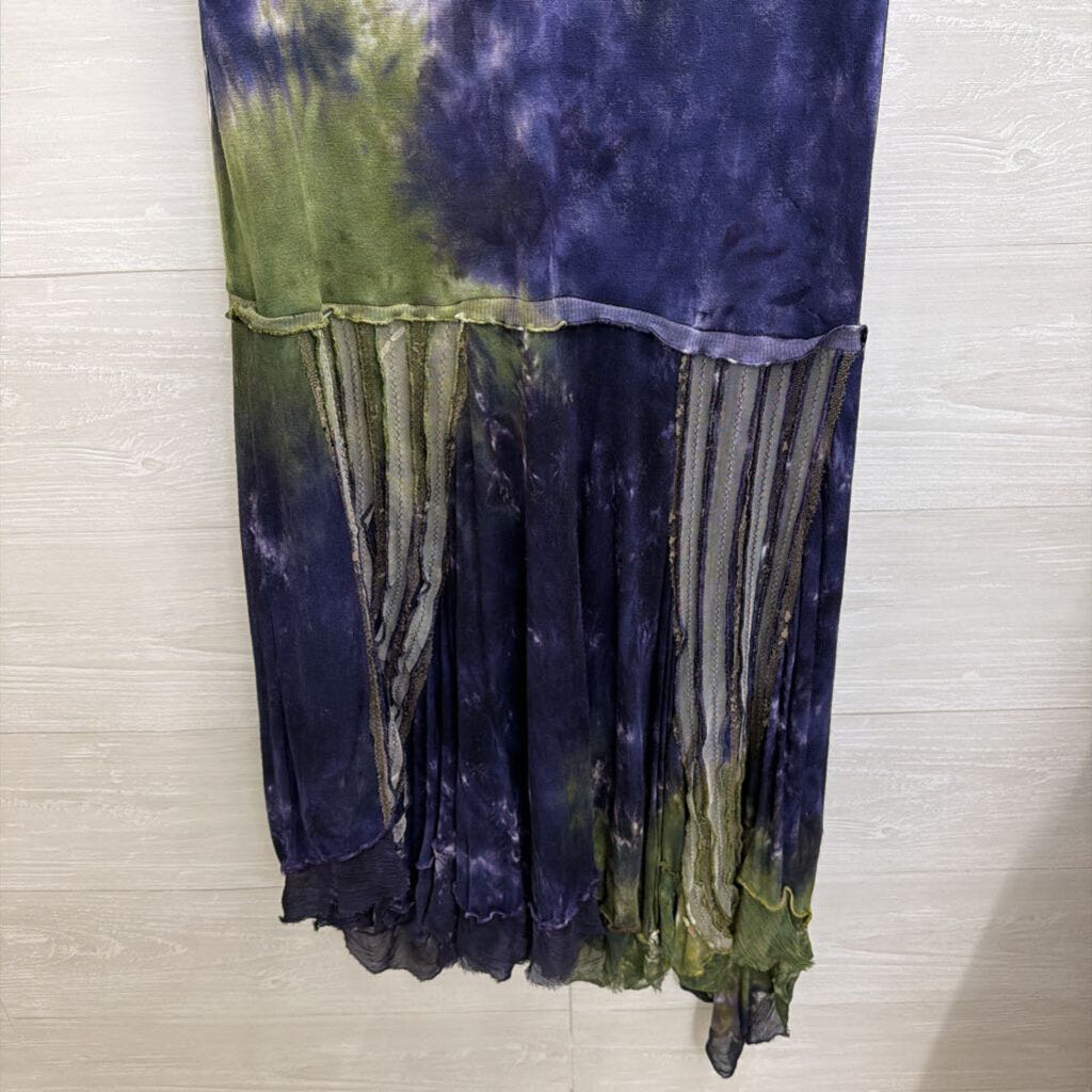 Mezon Wearable Art Blue/ Green Tie Dye Lace Detail Sleeveless Midi Dress Large