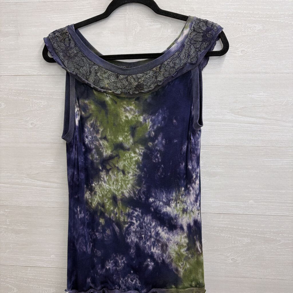 Mezon Wearable Art Blue/ Green Tie Dye Lace Detail Sleeveless Midi Dress Large