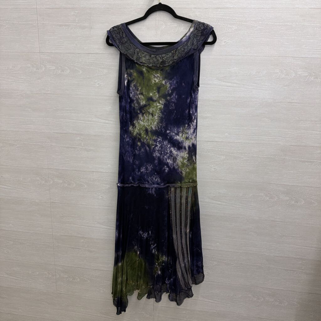 Mezon Wearable Art Blue/ Green Tie Dye Lace Detail Sleeveless Midi Dress Large