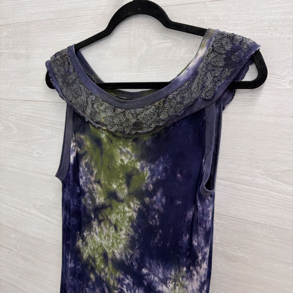 Mezon Wearable Art Blue/ Green Tie Dye Lace Detail Sleeveless Midi Dress Large