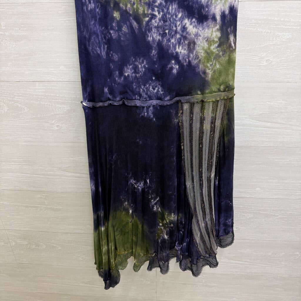 Mezon Wearable Art Blue/ Green Tie Dye Lace Detail Sleeveless Midi Dress Large