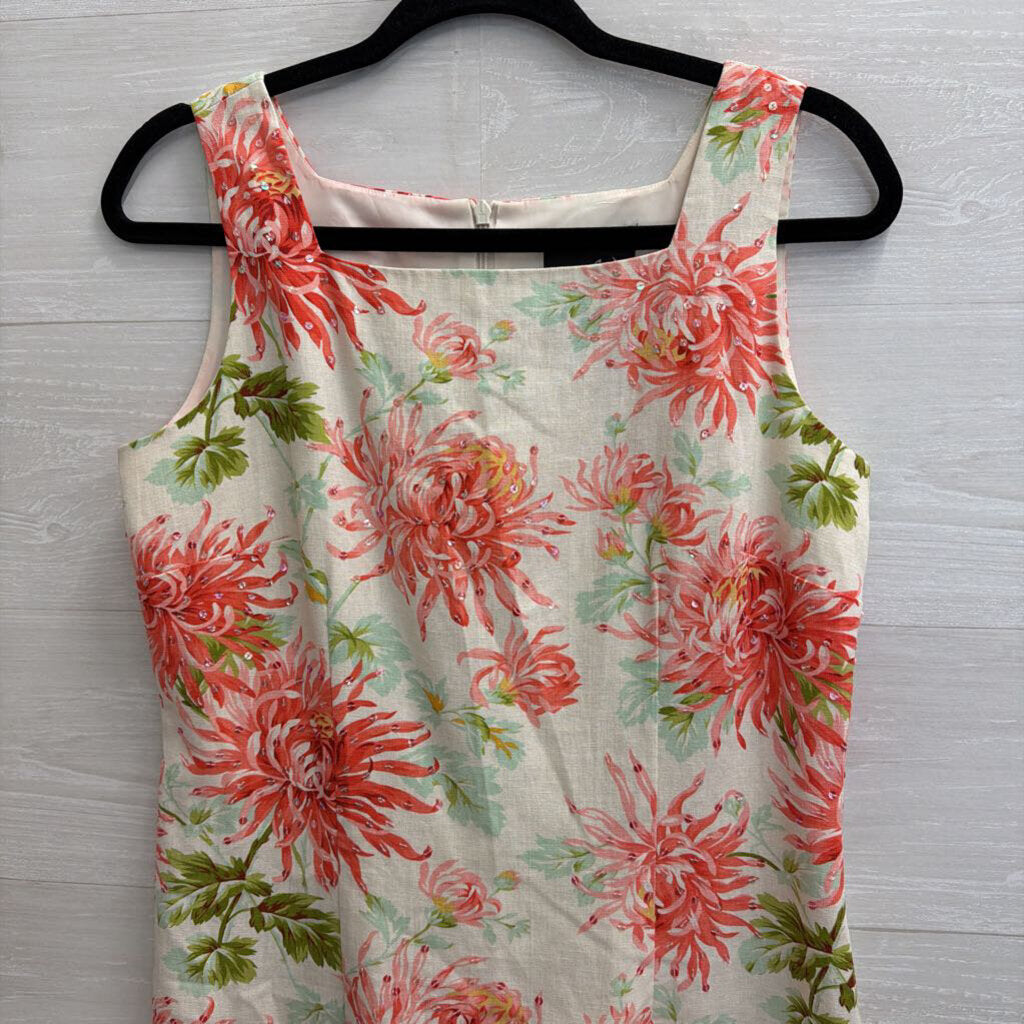 Postive Attitude White/ Pink Floral Print Linen Blend Sleeveless Shift Dress 8