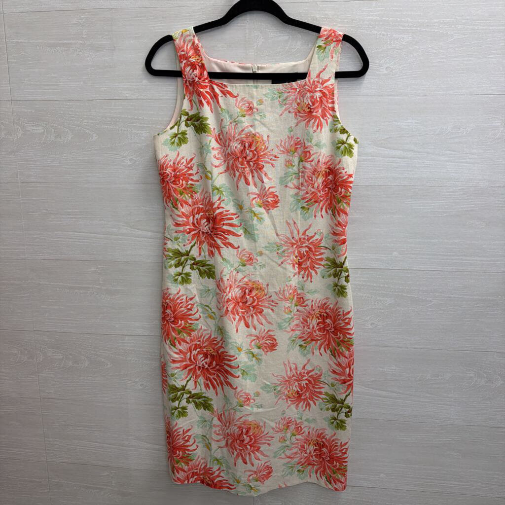 Postive Attitude White/ Pink Floral Print Linen Blend Sleeveless Shift Dress 8