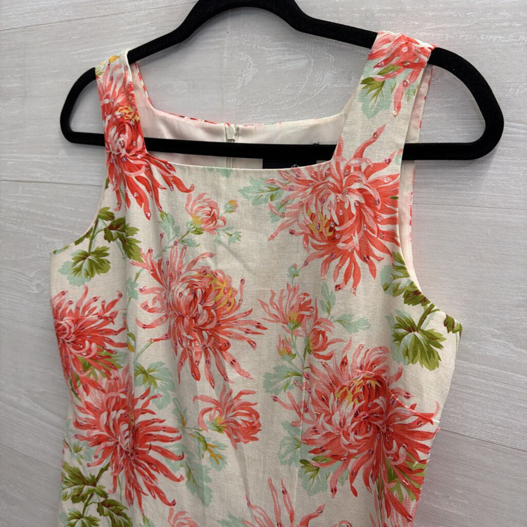 Postive Attitude White/ Pink Floral Print Linen Blend Sleeveless Shift Dress 8