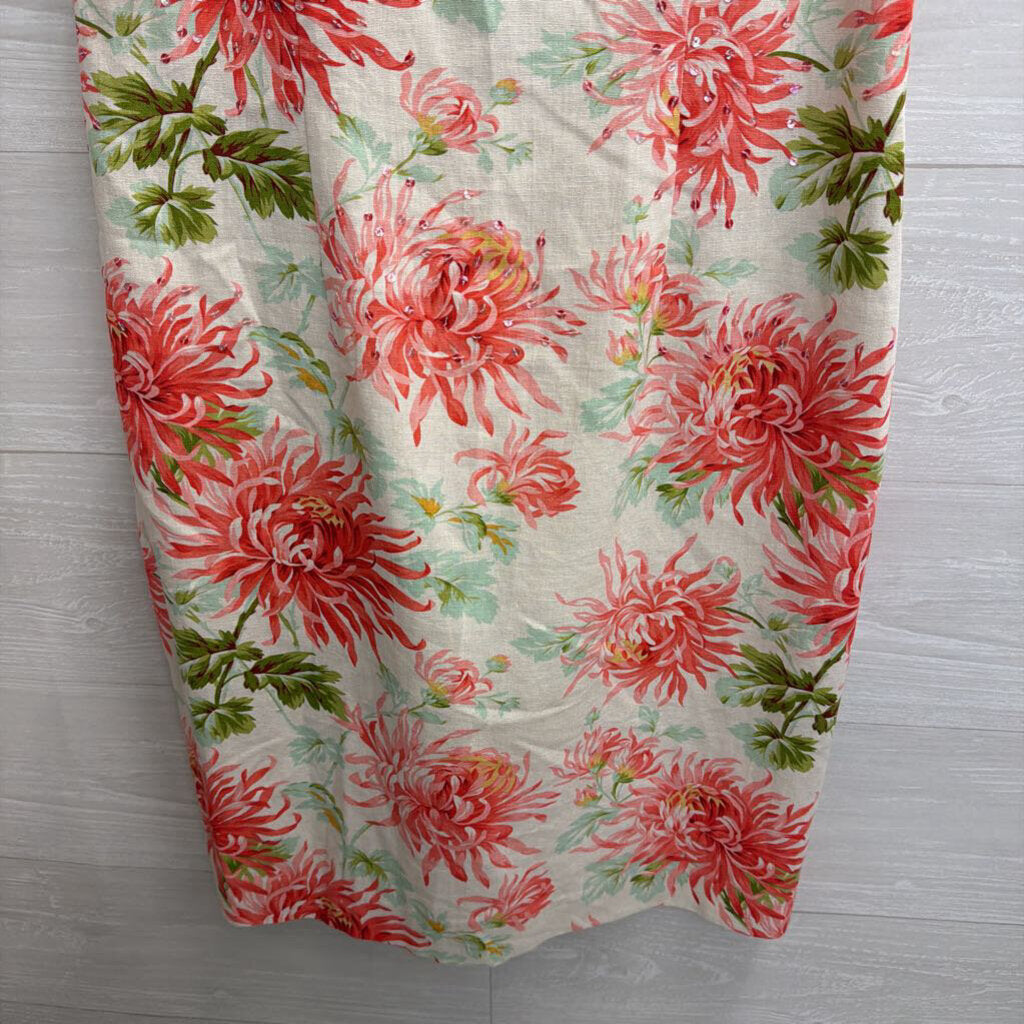 Postive Attitude White/ Pink Floral Print Linen Blend Sleeveless Shift Dress 8