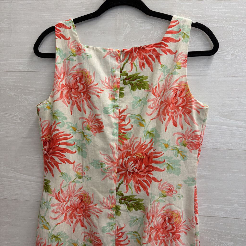 Postive Attitude White/ Pink Floral Print Linen Blend Sleeveless Shift Dress 8