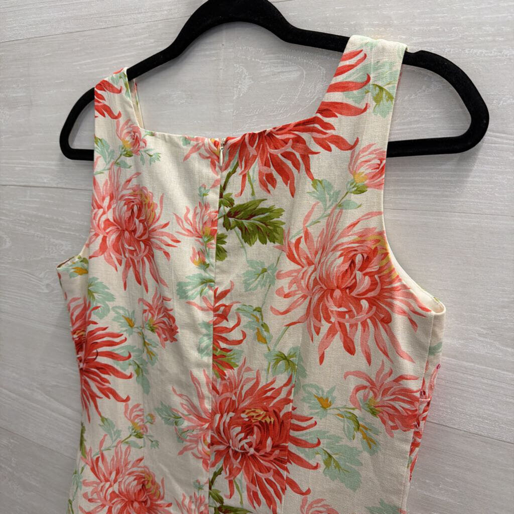 Postive Attitude White/ Pink Floral Print Linen Blend Sleeveless Shift Dress 8