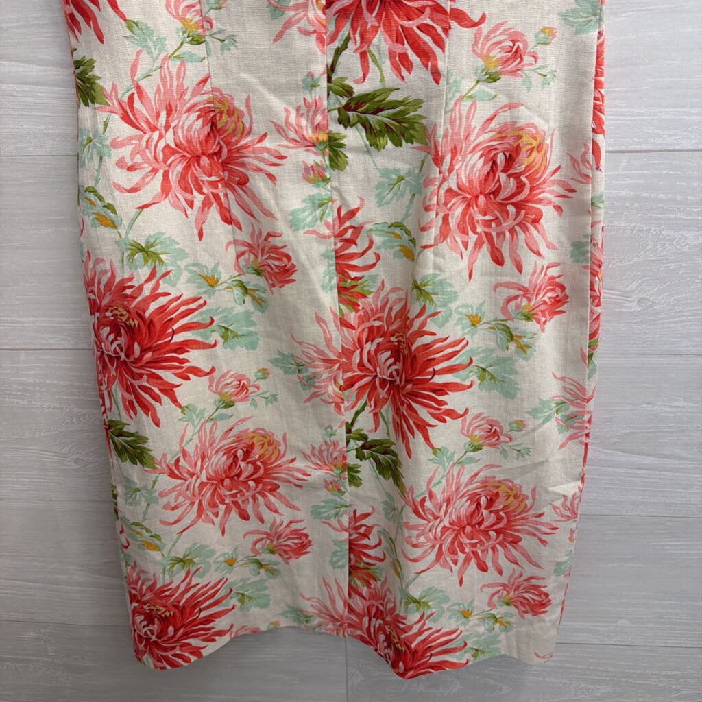 Postive Attitude White/ Pink Floral Print Linen Blend Sleeveless Shift Dress 8