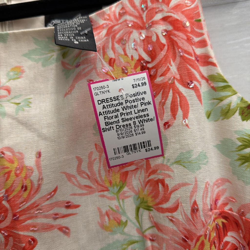 Postive Attitude White/ Pink Floral Print Linen Blend Sleeveless Shift Dress 8