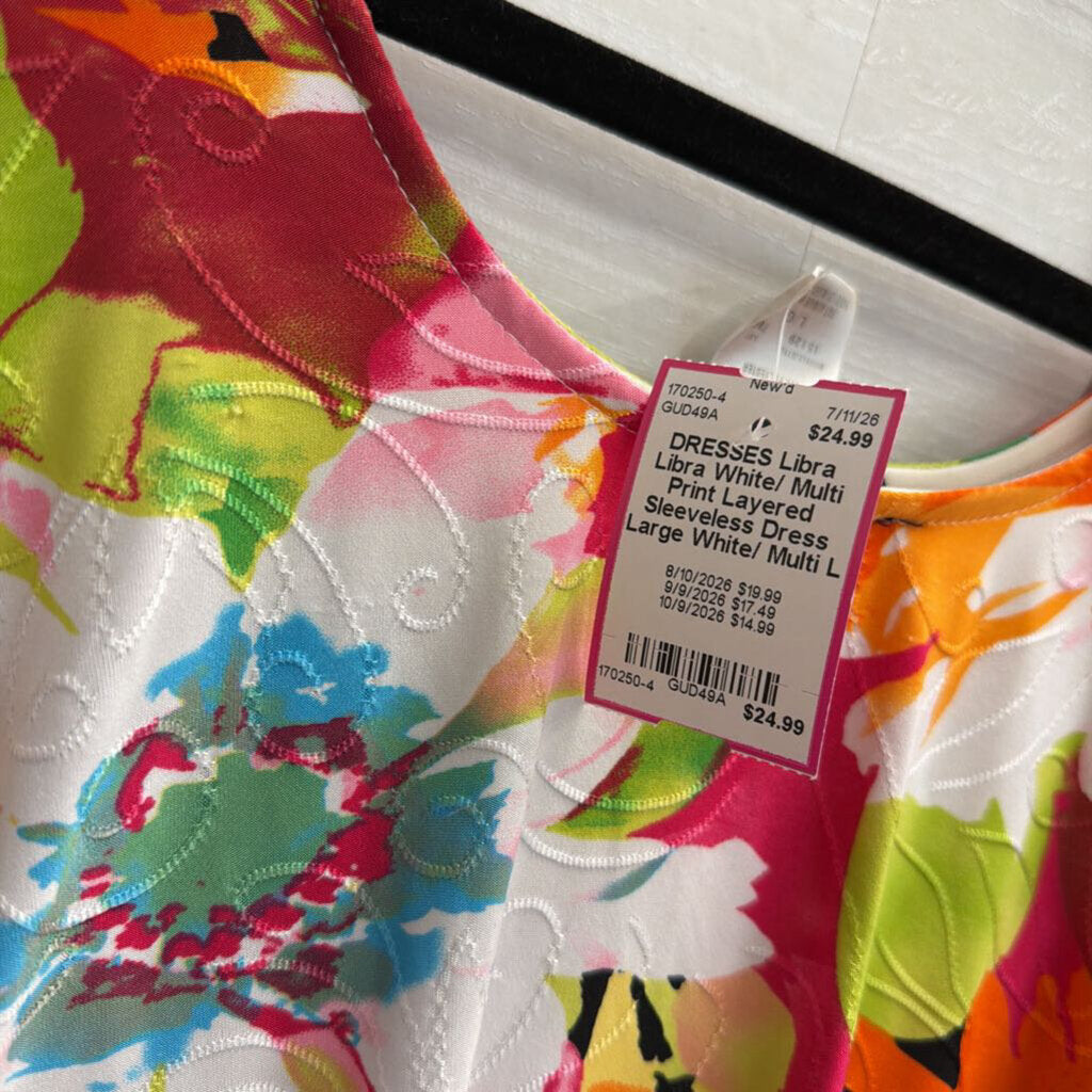 Libra White/ Multi Print Layered Sleeveless Dress Large