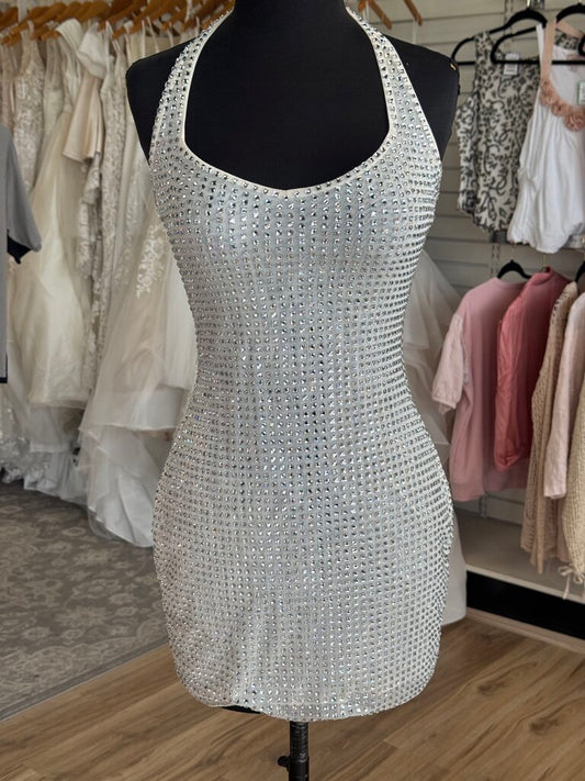 Oh Polly White/ Silver Embellished Rhinestone Halter Neck Short Formal Dress 4