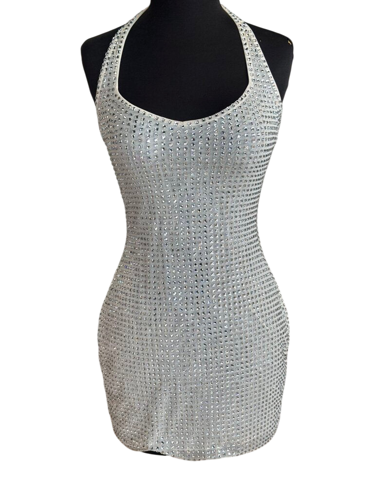 Oh Polly White/ Silver Embellished Rhinestone Halter Neck Short Formal Dress 4