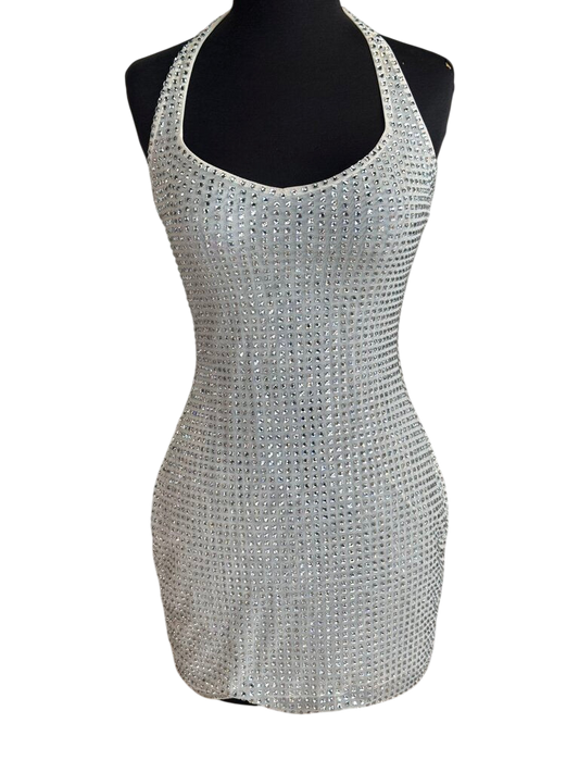 Oh Polly White/ Silver Embellished Rhinestone Halter Neck Short Formal Dress 4