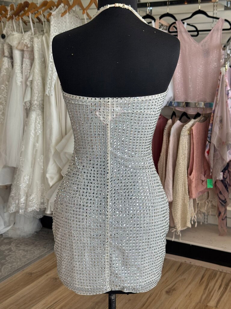Oh Polly White/ Silver Embellished Rhinestone Halter Neck Short Formal Dress 4