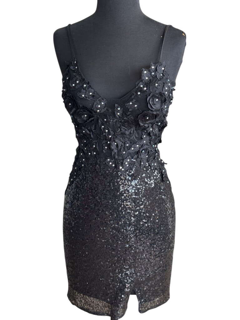 Chicas Black Embellished Lace/ Sequin Short Formal Dress Small