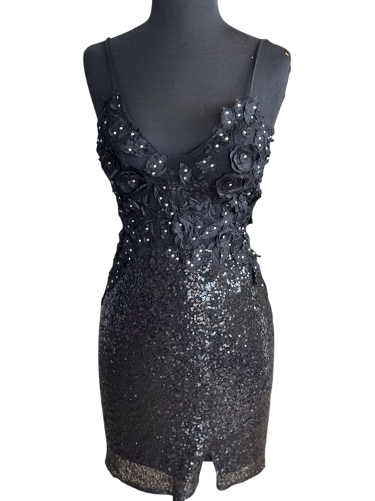 Chicas Black Embellished Lace/ Sequin Short Formal Dress Small