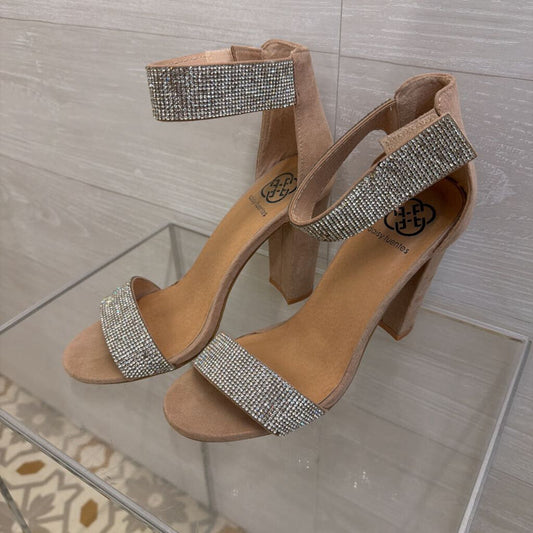 Daisy Fuentes Beige/ Silver Rhinestone Ankle Strap Block Heels 7.5