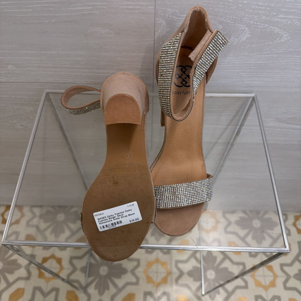 Daisy Fuentes Beige/ Silver Rhinestone Ankle Strap Block Heels 7.5