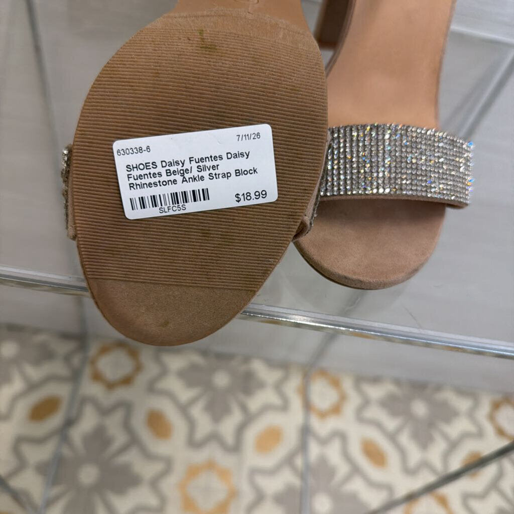 Daisy Fuentes Beige/ Silver Rhinestone Ankle Strap Block Heels 7.5