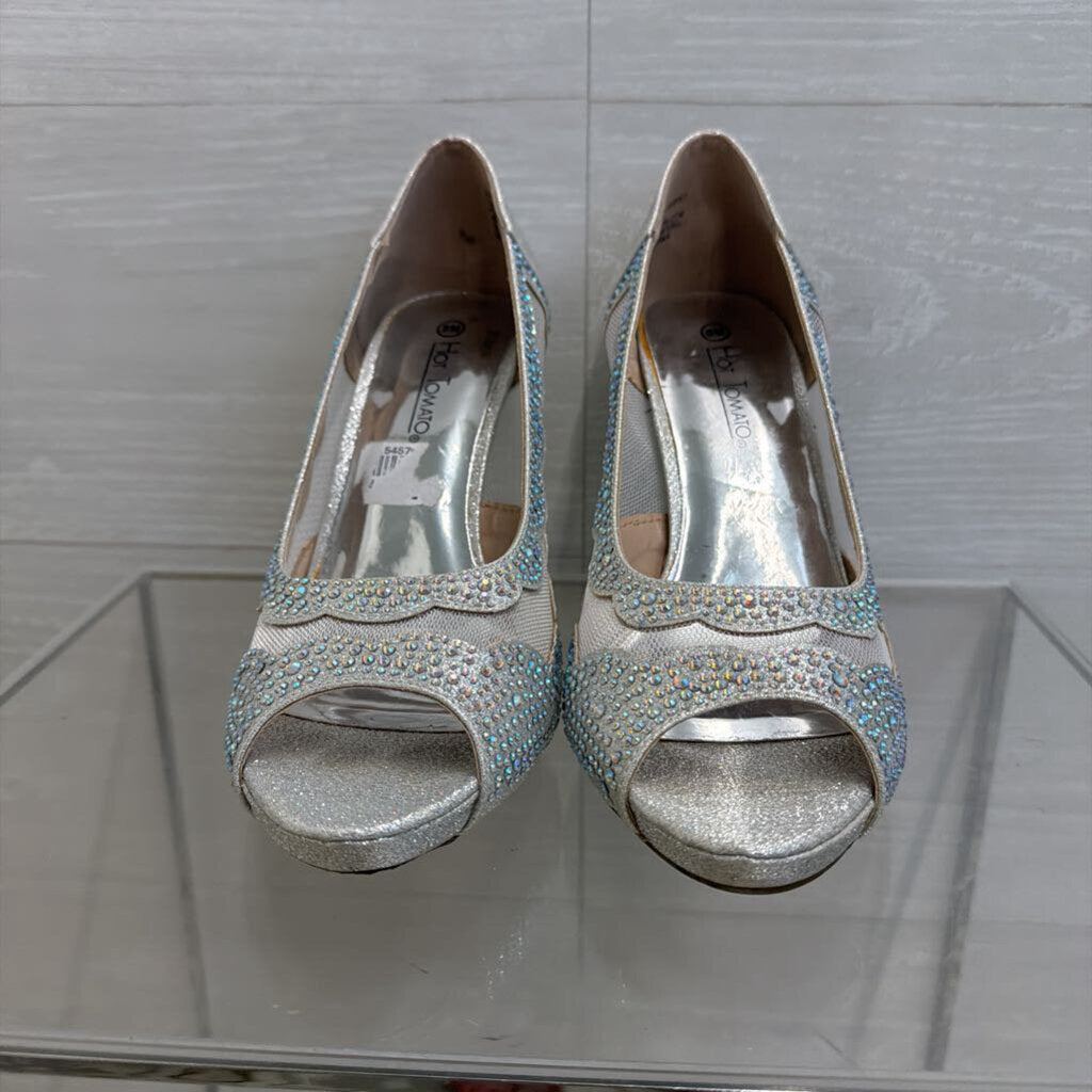 Hot Tomato Silver Embellished Peep Toe Heels 8