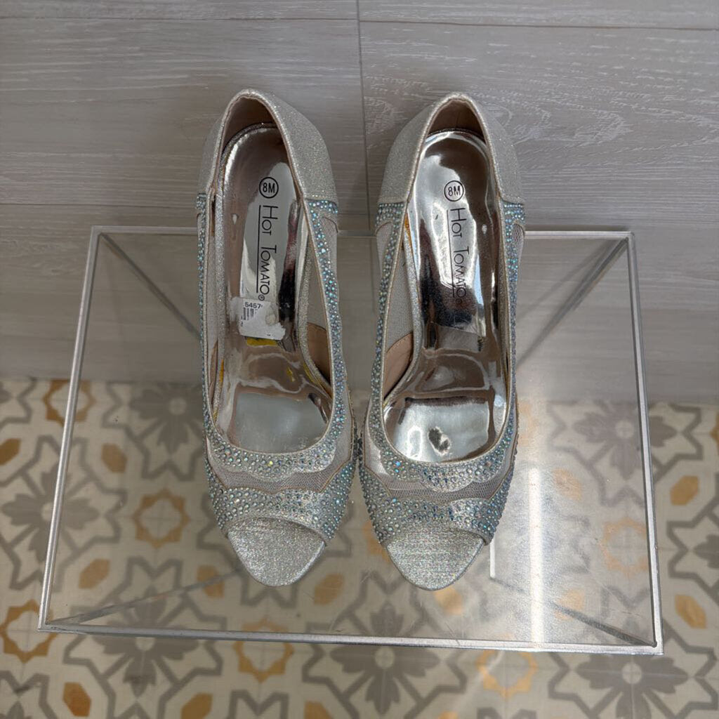 Hot Tomato Silver Embellished Peep Toe Heels 8