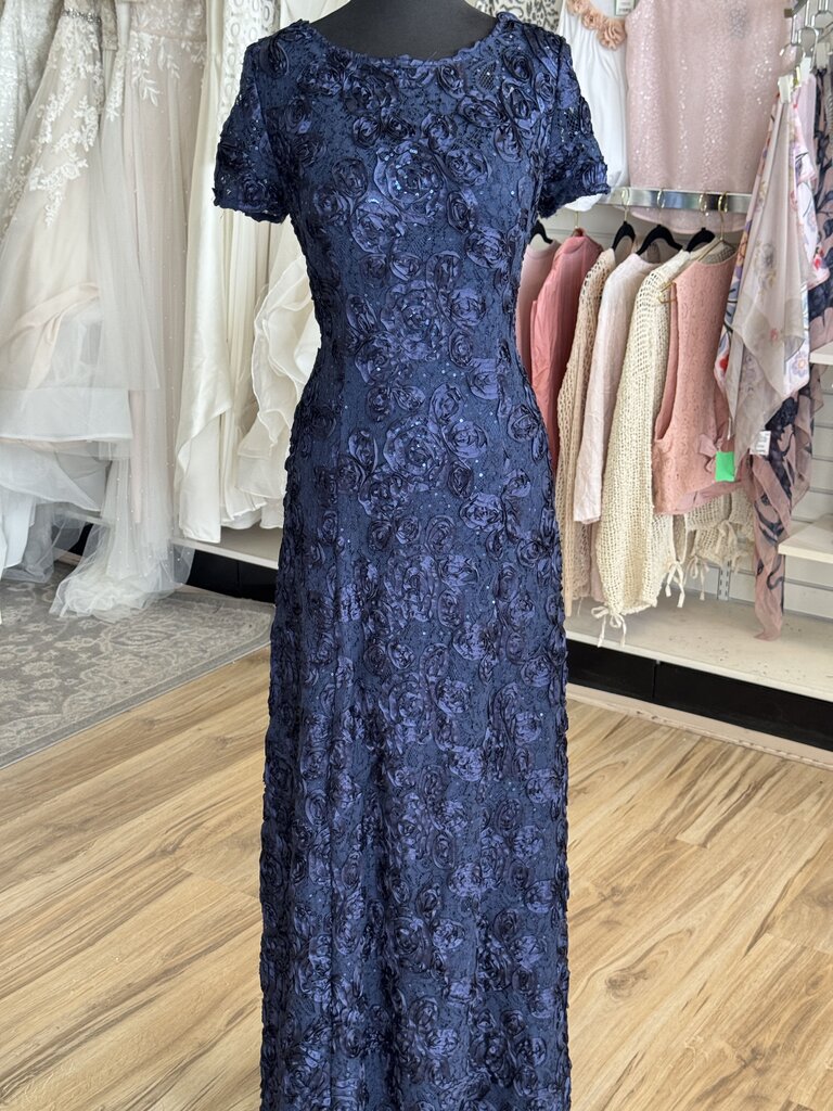 Alex Evenings Navy Rosette Lace Short Sleeve Long Formal Dress 8