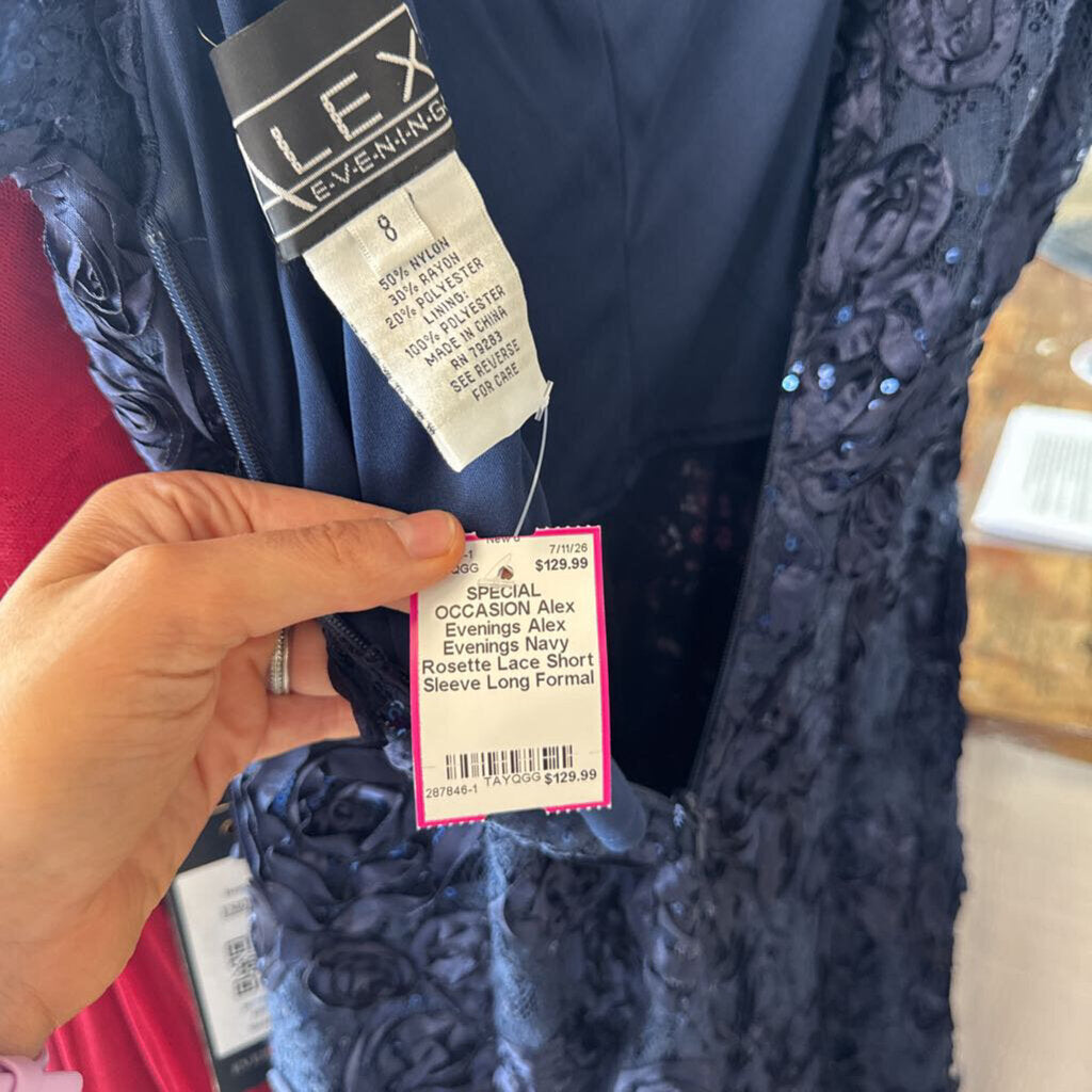 Alex Evenings Navy Rosette Lace Short Sleeve Long Formal Dress 8