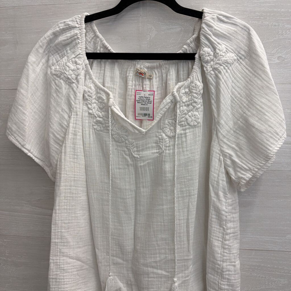Faherty White Embroidered Short Sleeve Top Small