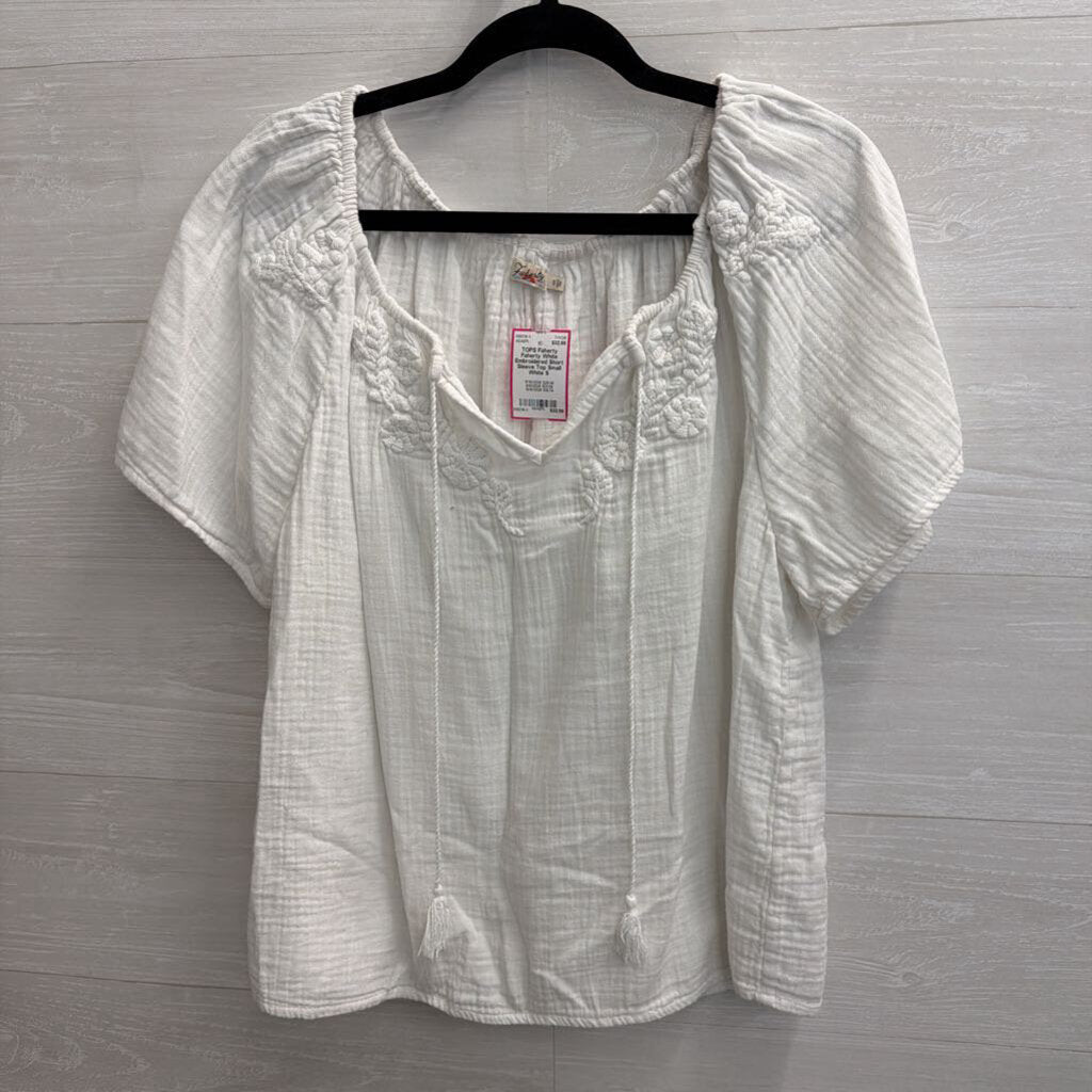 Faherty White Embroidered Short Sleeve Top Small