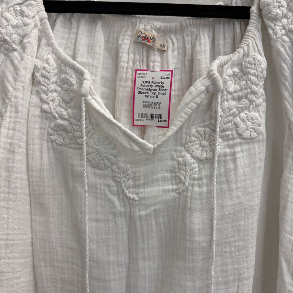 Faherty White Embroidered Short Sleeve Top Small