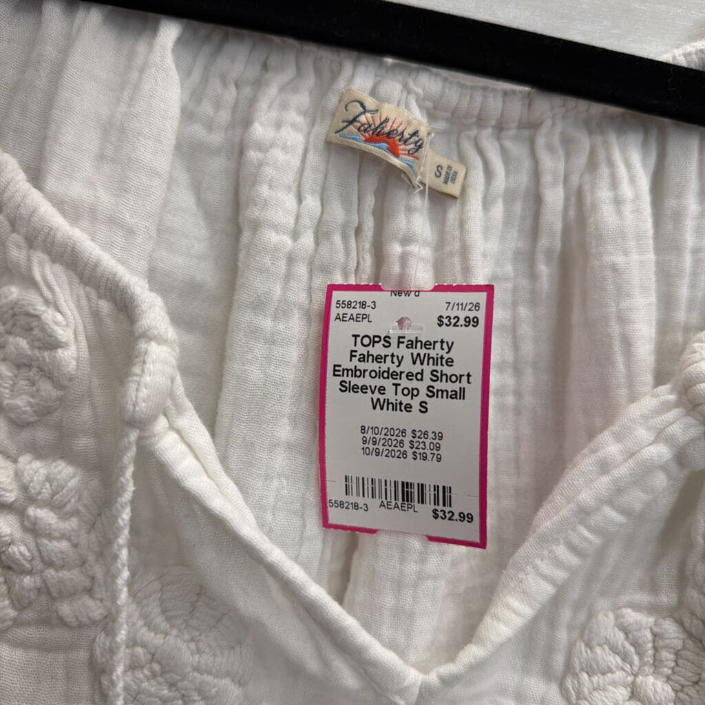 Faherty White Embroidered Short Sleeve Top Small