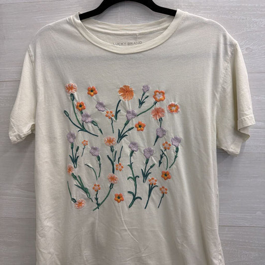 Lucky Brand White/ Multi Embroidered Floral Short Sleeve Top Small