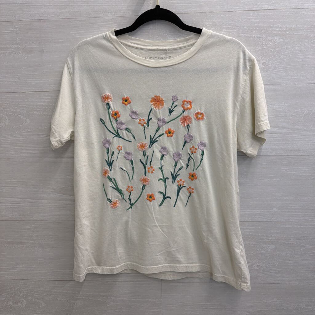 Lucky Brand White/ Multi Embroidered Floral Short Sleeve Top Small