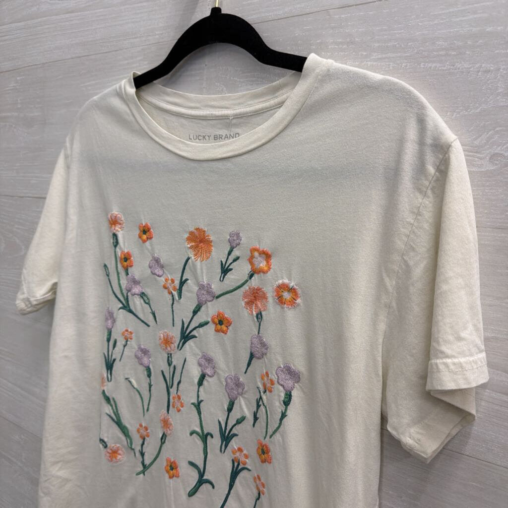 Lucky Brand White/ Multi Embroidered Floral Short Sleeve Top Small