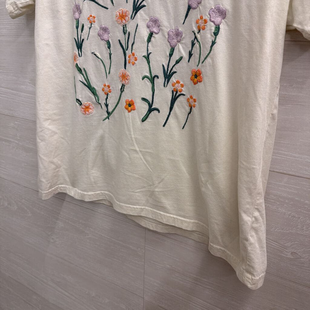 Lucky Brand White/ Multi Embroidered Floral Short Sleeve Top Small
