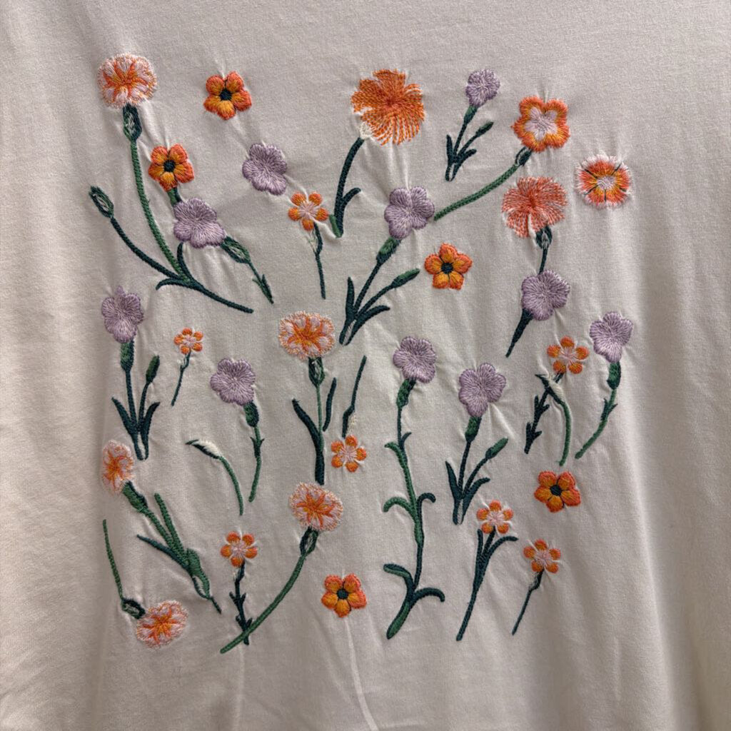 Lucky Brand White/ Multi Embroidered Floral Short Sleeve Top Small