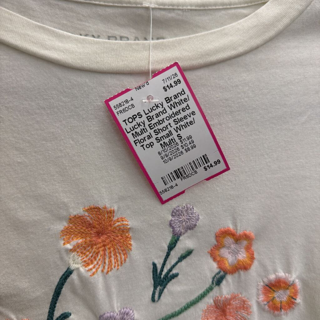 Lucky Brand White/ Multi Embroidered Floral Short Sleeve Top Small