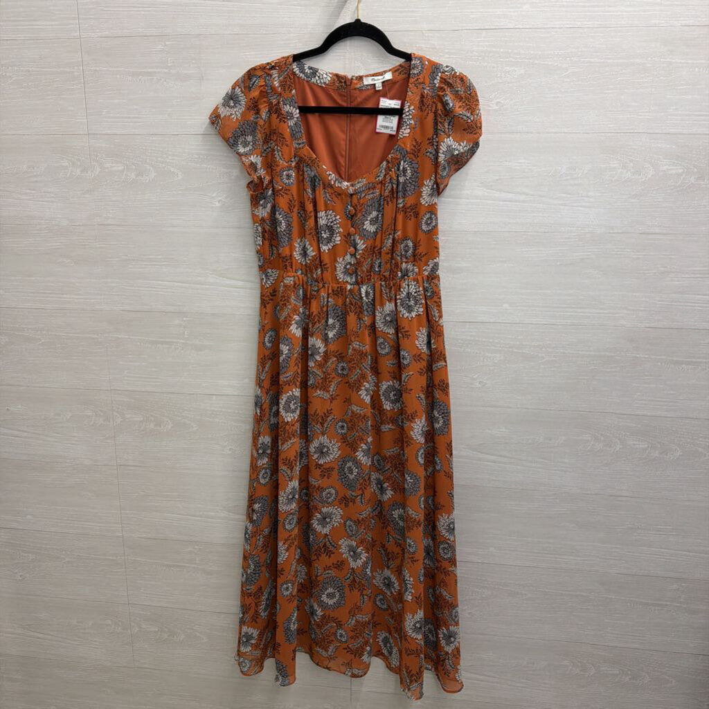 Madewell Orange/ Blue Floral Print Short Sleeve Midi Dress 6