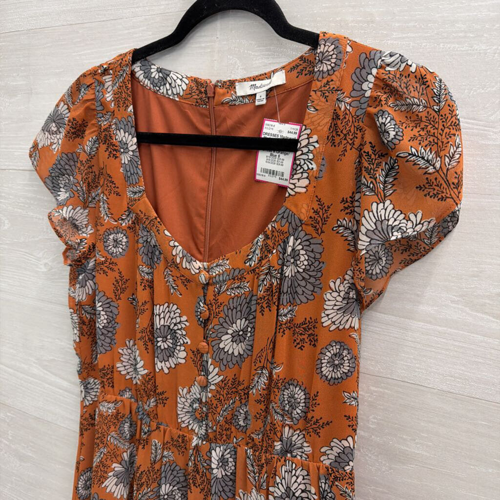 Madewell Orange/ Blue Floral Print Short Sleeve Midi Dress 6