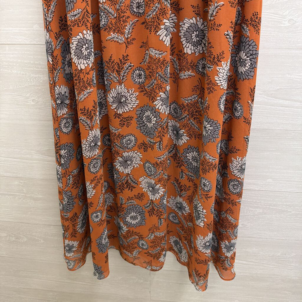 Madewell Orange/ Blue Floral Print Short Sleeve Midi Dress 6