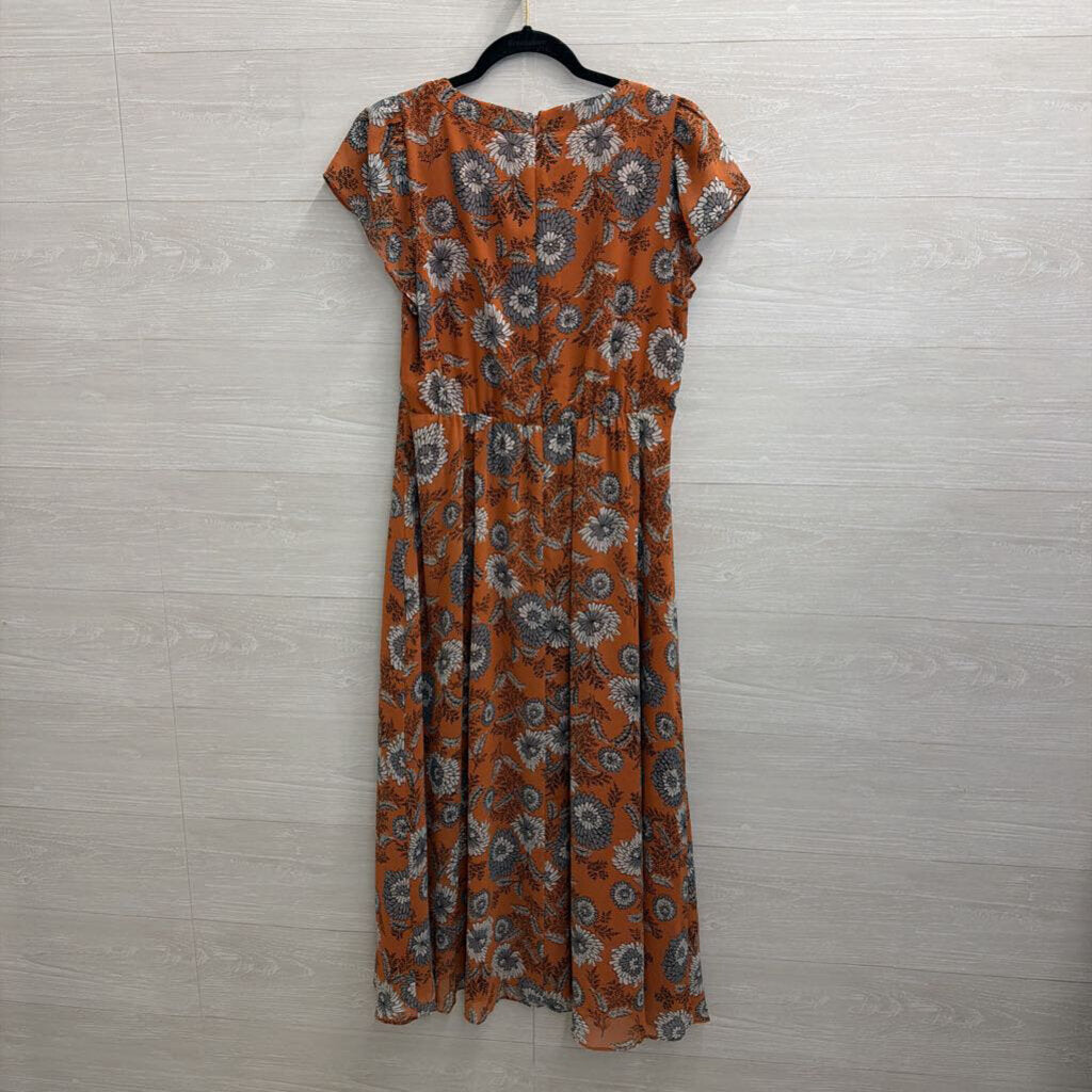 Madewell Orange/ Blue Floral Print Short Sleeve Midi Dress 6