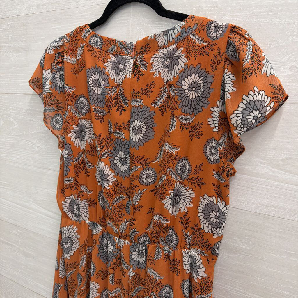 Madewell Orange/ Blue Floral Print Short Sleeve Midi Dress 6