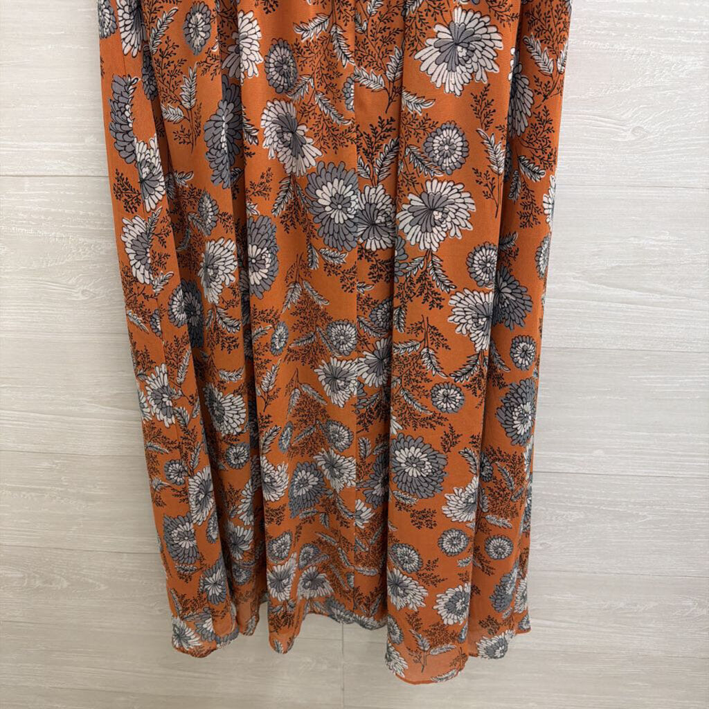 Madewell Orange/ Blue Floral Print Short Sleeve Midi Dress 6
