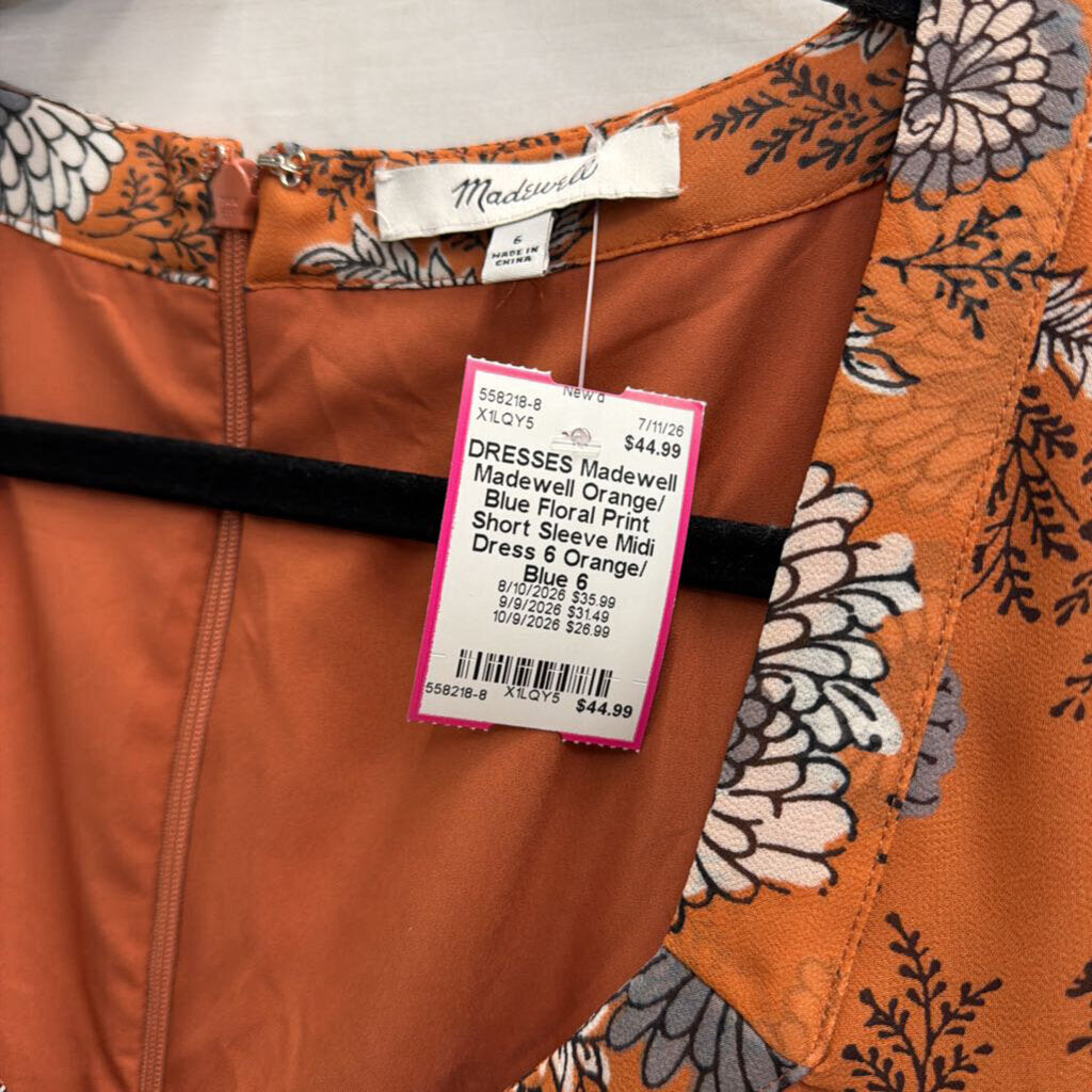 Madewell Orange/ Blue Floral Print Short Sleeve Midi Dress 6