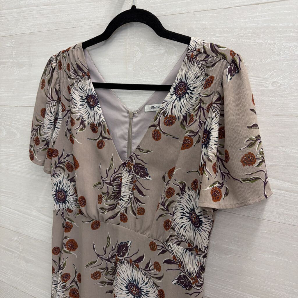 Madewell Grey/ Brown Floral Print Short Sleeve Dress 6