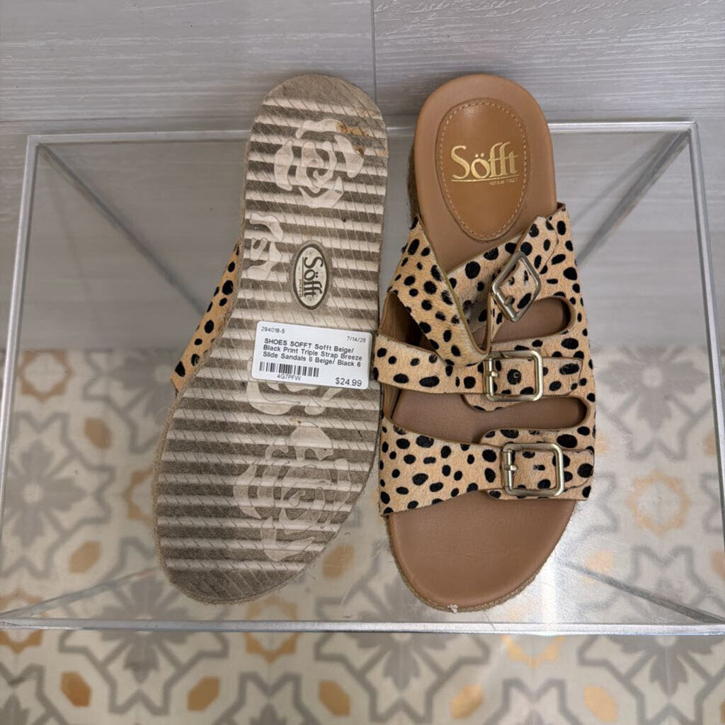 Sofft Beige/ Black Print Triple Strap Breeze Slide Sandals 6