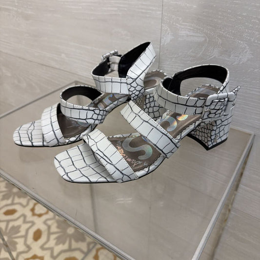 Sam Edelman White/ Black Croc Embossed Sandal Block Heels 6