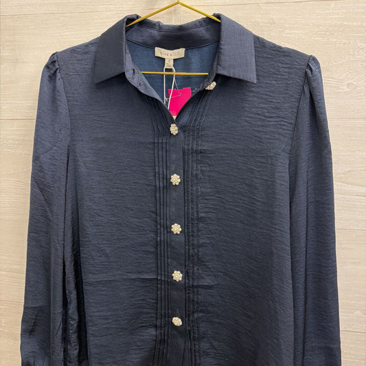 Alex and Lili Navy Long Sleeve Pearl Button Down Top Small
