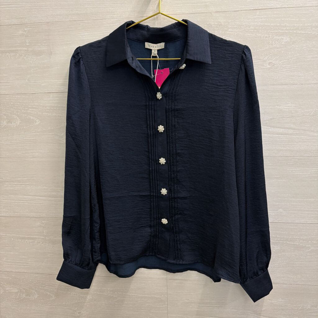 Alex and Lili Navy Long Sleeve Pearl Button Down Top Small
