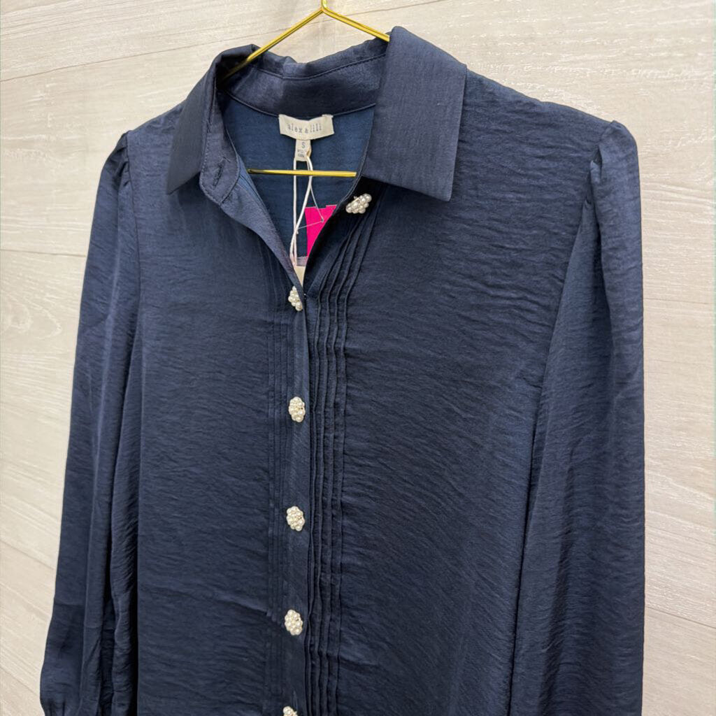 Alex and Lili Navy Long Sleeve Pearl Button Down Top Small